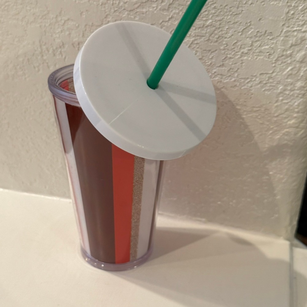 Starbucks Tumbler Cup Red White Brown Glitter Stripe Reusable Travel Mug Lid - Picture 5 of 11